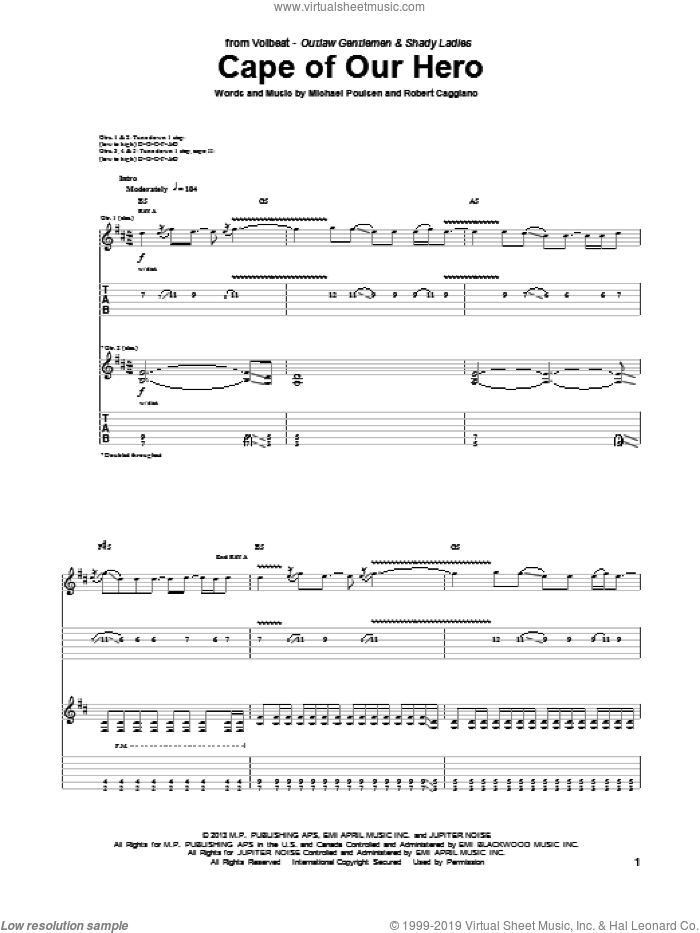 Cape Of Our Hero sheet music for guitar (tablature) by Volbeat, intermediate skill level