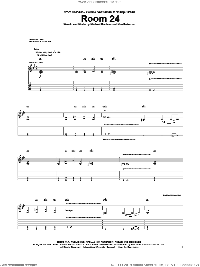 Room 24 sheet music for guitar (tablature) by Volbeat, intermediate skill level
