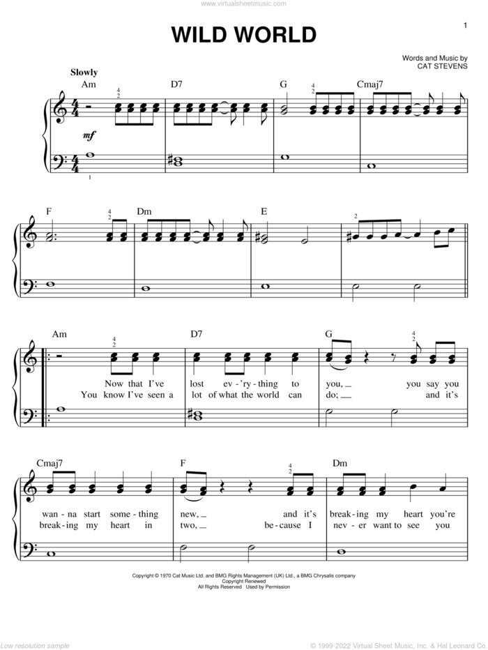 Wild World sheet music for piano solo by Cat Stevens, easy skill level