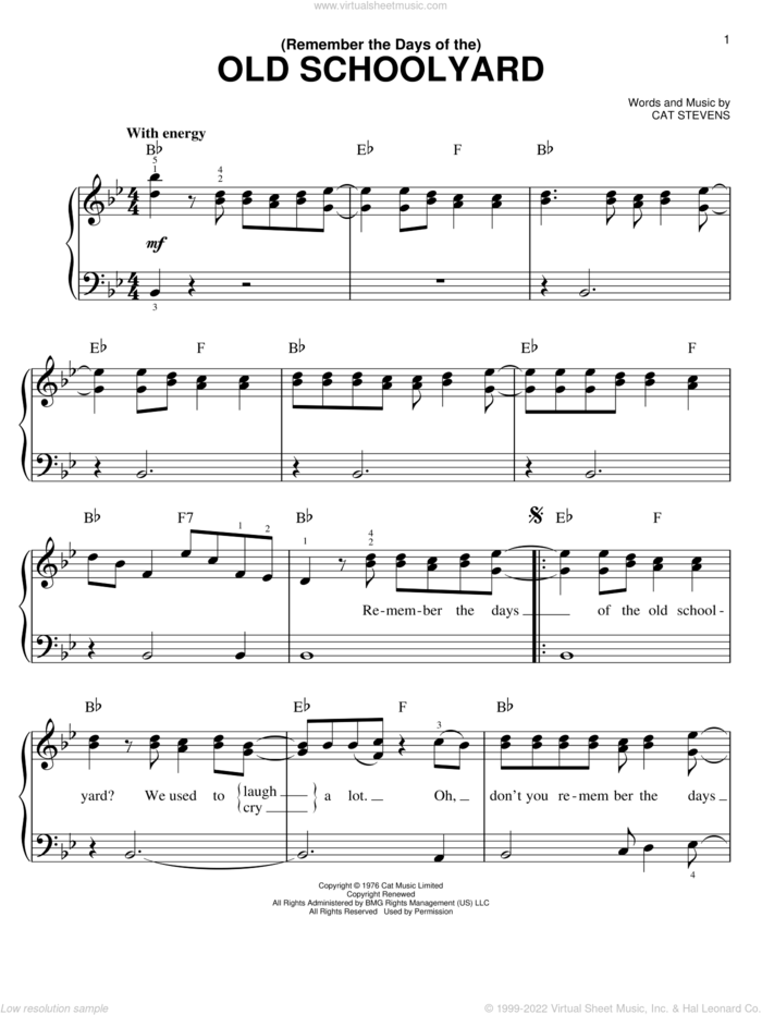 (Remember The Days Of The) Old Schoolyard sheet music for piano solo by Cat Stevens, easy skill level