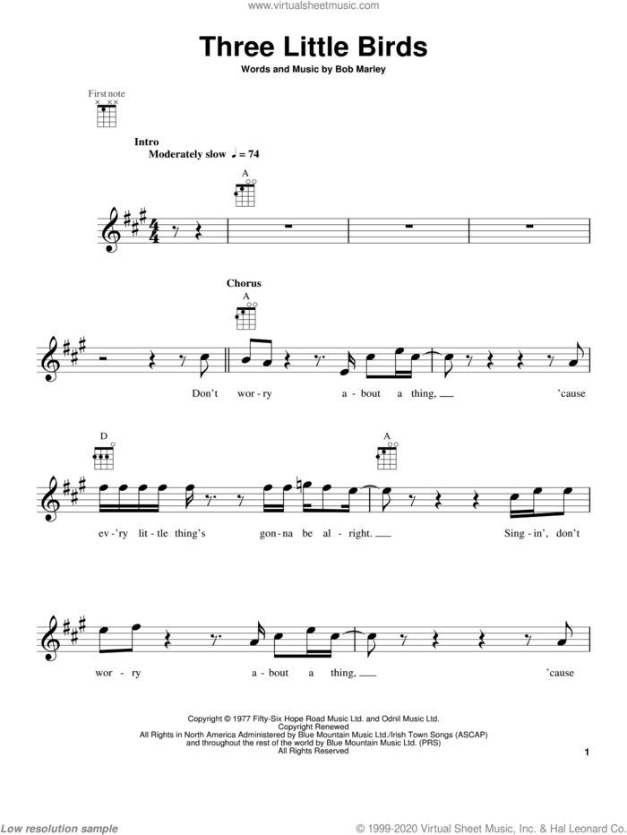 Three Little Birds sheet music for ukulele by Bob Marley, intermediate skill level