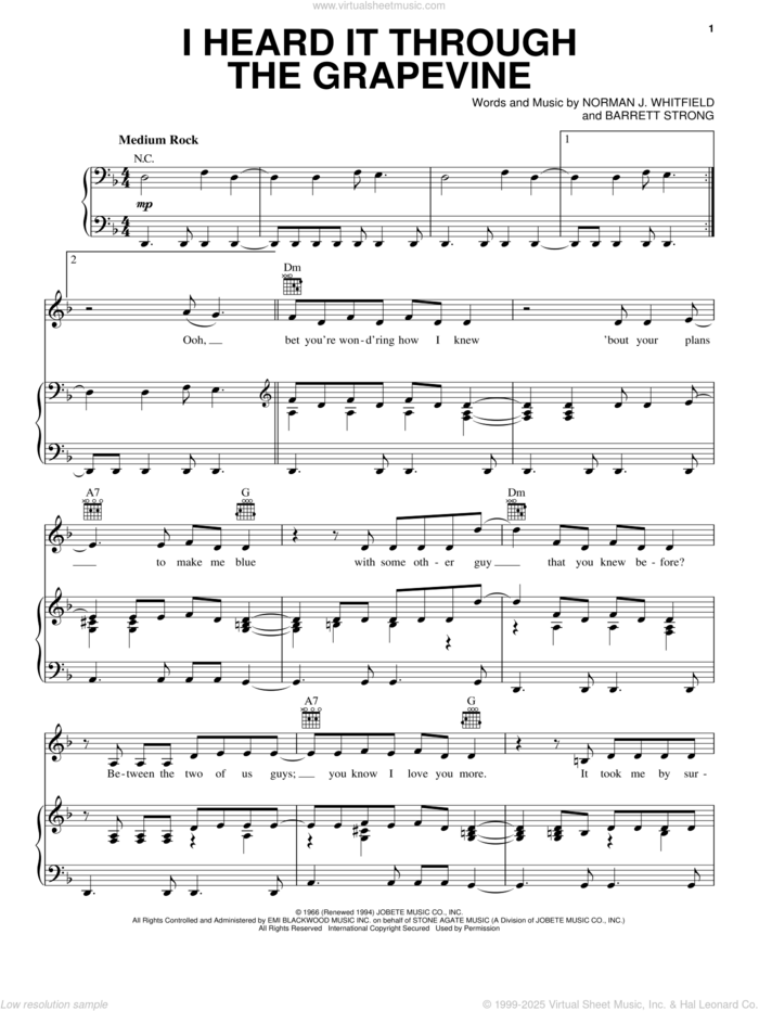 I Heard It Through The Grapevine sheet music for voice, piano or guitar by Creedence Clearwater Revival, Gladys Knight & The Pips, Marvin Gaye, Michael McDonald, Barrett Strong and Norman Whitfield, intermediate skill level