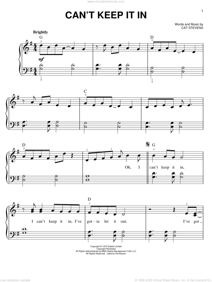 Can't Keep It In sheet music for piano solo by Cat Stevens, easy skill level