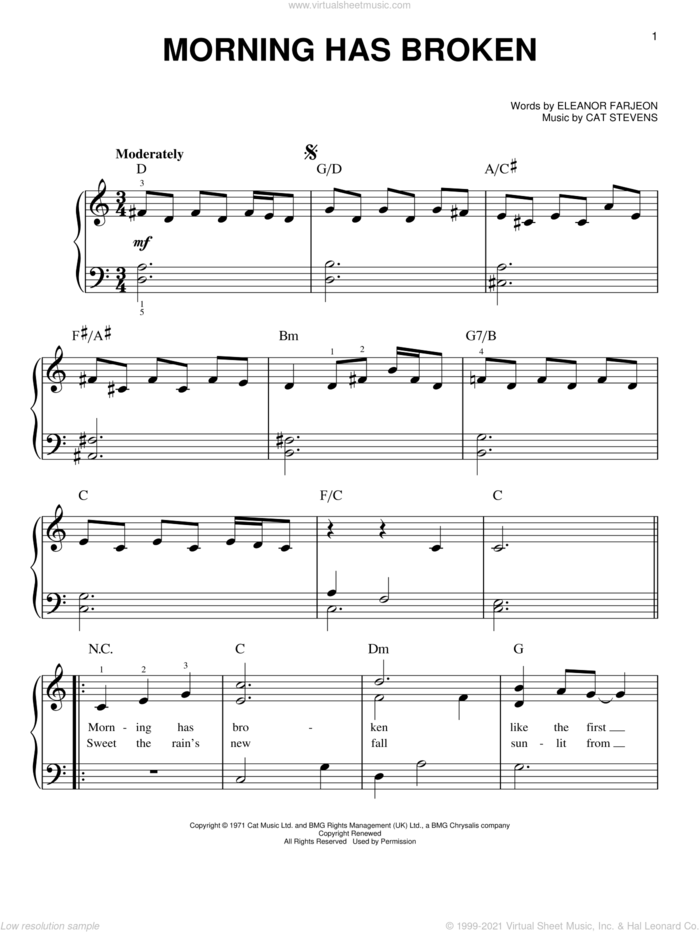 Morning Has Broken, (easy) sheet music for piano solo by Cat Stevens, easy skill level
