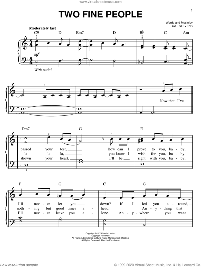 Two Fine People sheet music for piano solo by Cat Stevens, easy skill level
