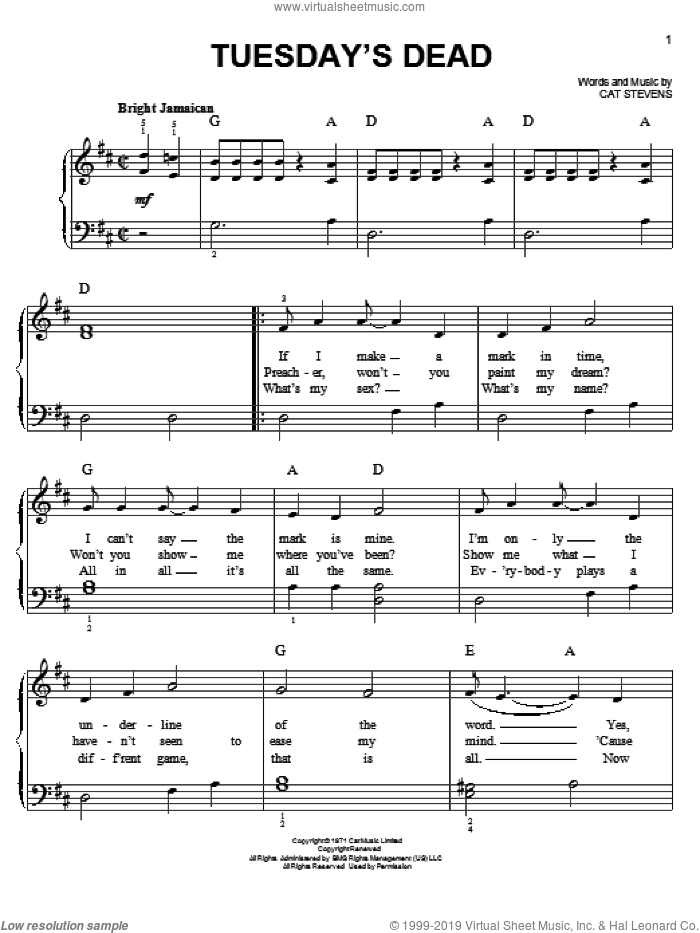 Tuesday's Dead sheet music for piano solo by Cat Stevens, easy skill level