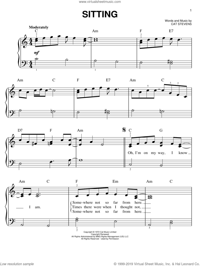 Sitting sheet music for piano solo by Cat Stevens, easy skill level