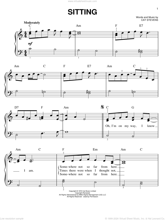 Sitting sheet music for piano solo by Cat Stevens, easy skill level