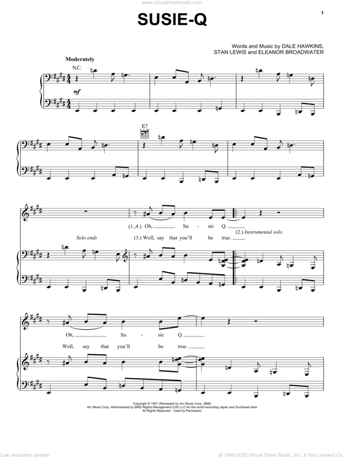 Susie-Q sheet music for voice, piano or guitar by Creedence Clearwater Revival, Dale Hawkins, Eleanor Broadwater and Stan Lewis, intermediate skill level