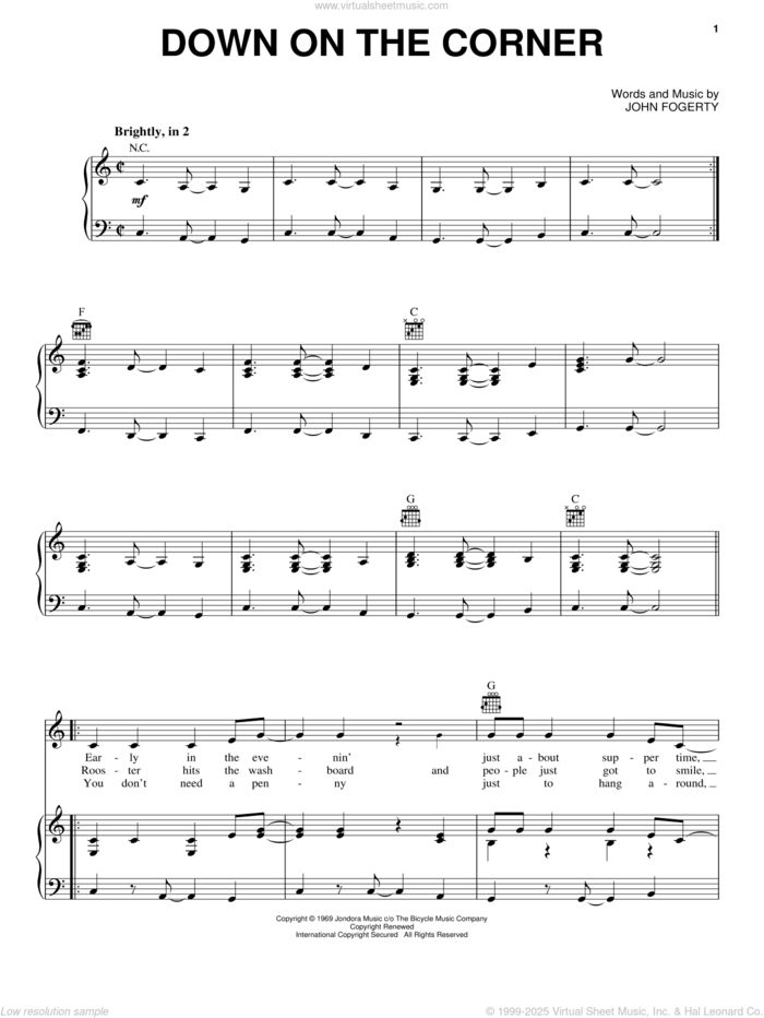 Down On The Corner sheet music for voice, piano or guitar by Creedence Clearwater Revival and John Fogerty, intermediate skill level