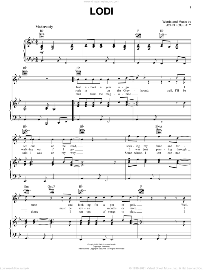 Lodi sheet music for voice, piano or guitar by Creedence Clearwater Revival and John Fogerty, intermediate skill level