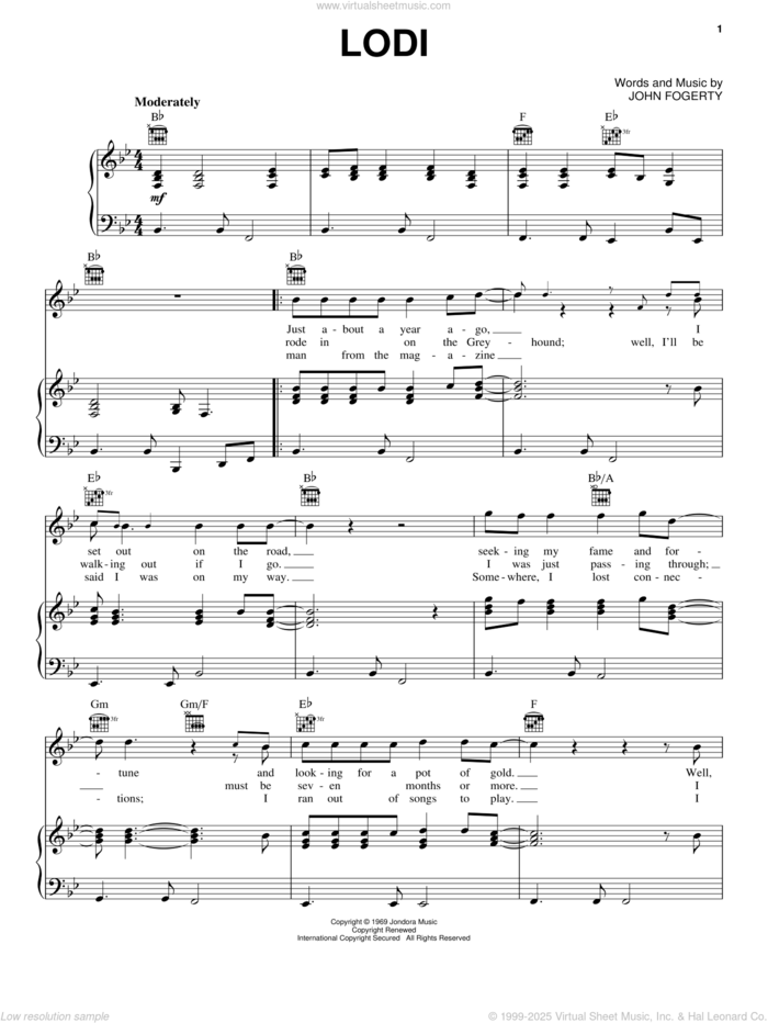 Lodi sheet music for voice, piano or guitar by Creedence Clearwater Revival and John Fogerty, intermediate skill level