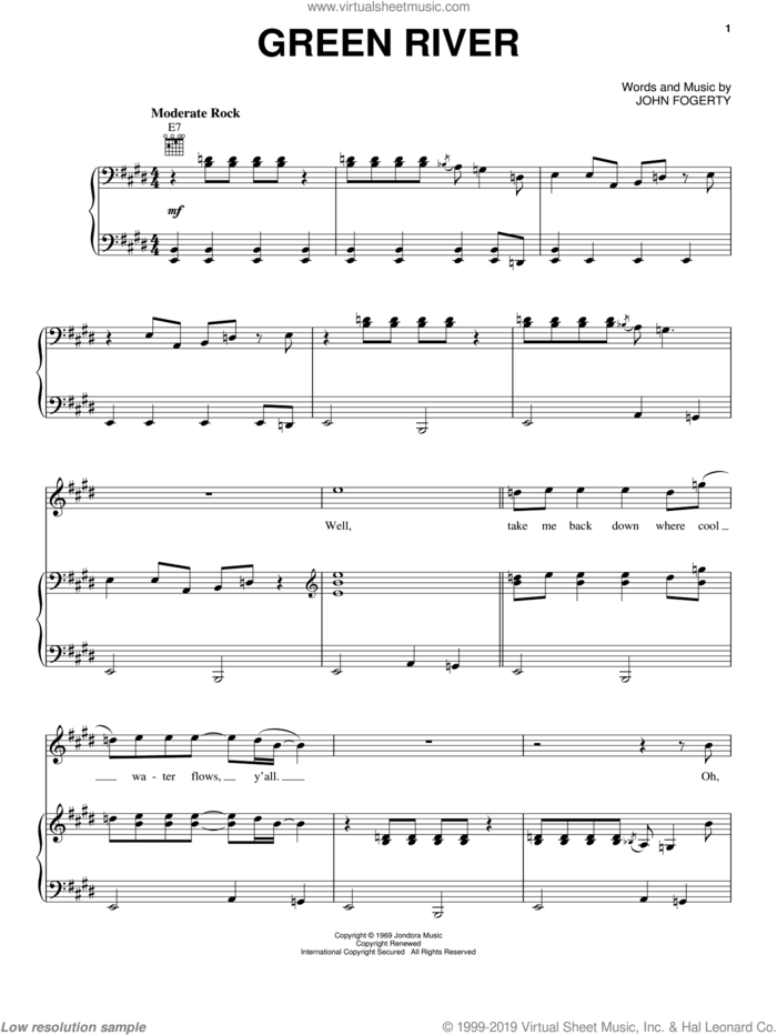 Green River sheet music for voice, piano or guitar by Creedence Clearwater Revival and John Fogerty, intermediate skill level