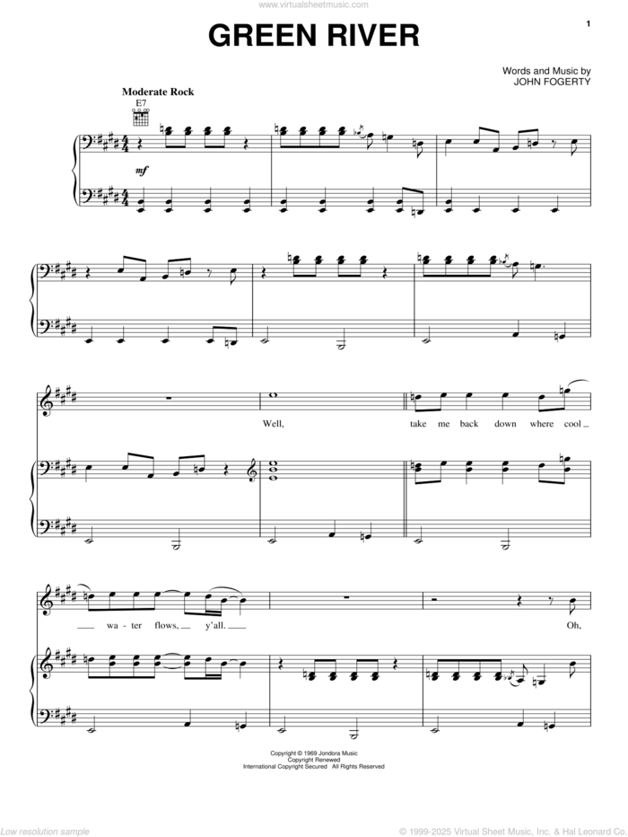 Green River sheet music for voice, piano or guitar by Creedence Clearwater Revival and John Fogerty, intermediate skill level