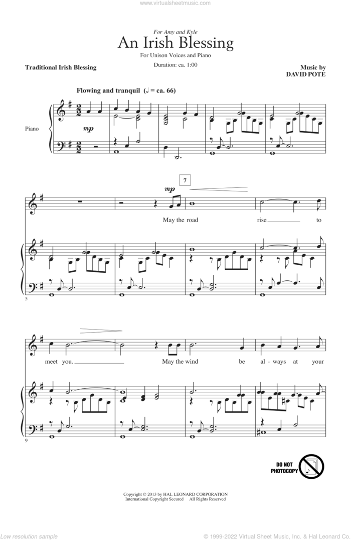An Irish Blessing sheet music for choir (Unison) by David Pote, intermediate skill level