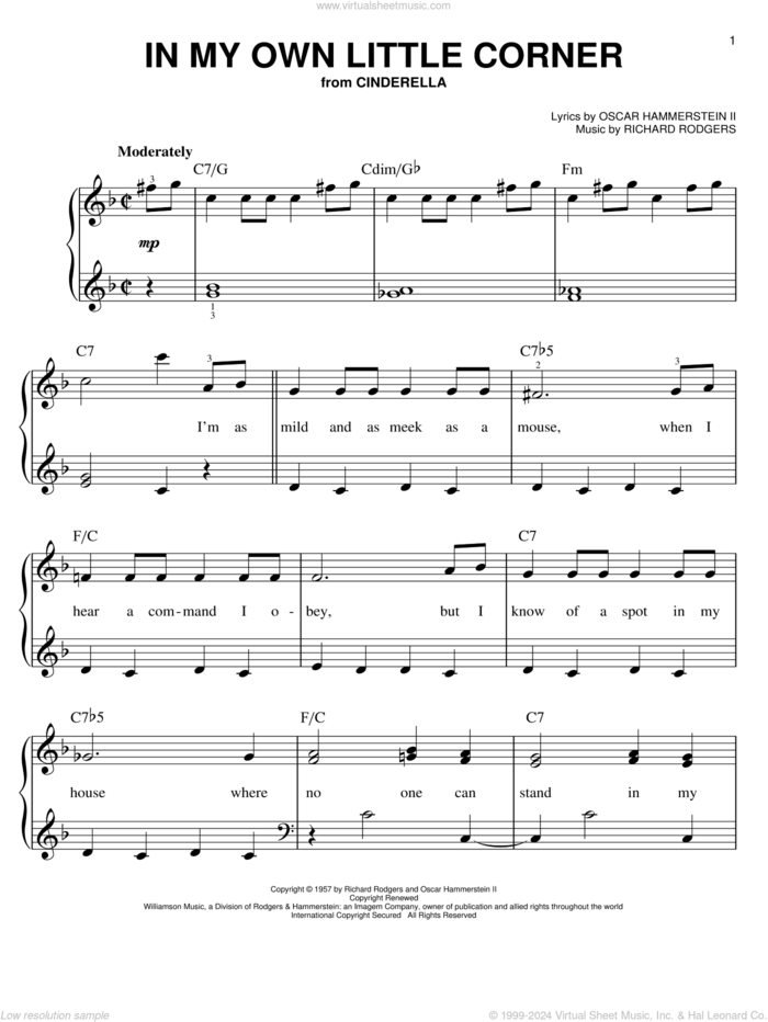 In My Own Little Corner (from Cinderella the Musical) sheet music for piano solo by Rodgers & Hammerstein, Oscar II Hammerstein and Richard Rodgers, easy skill level