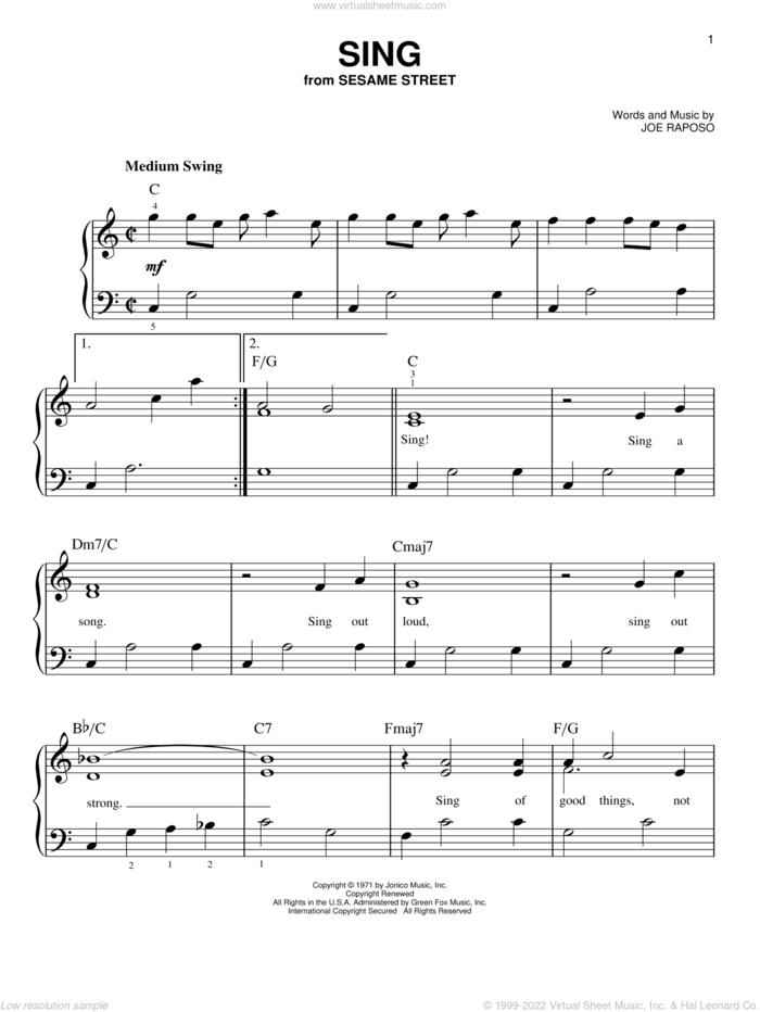 Sing, (easy) sheet music for piano solo by Carpenters and Joe Raposo, easy skill level