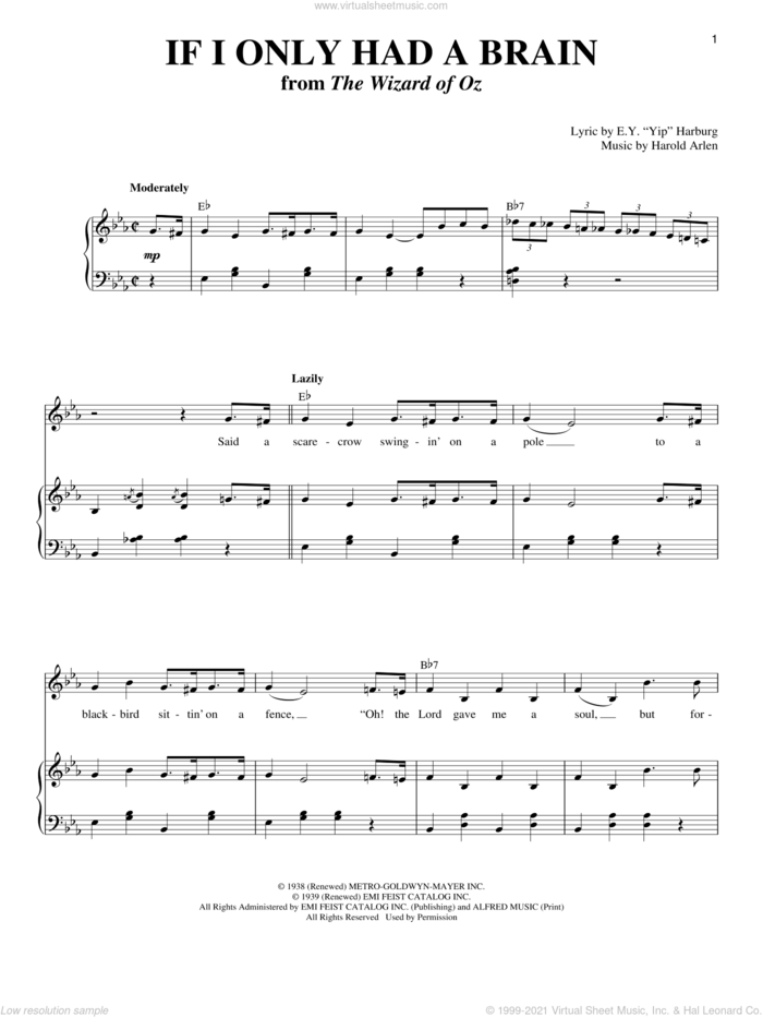 If I Only Had A Brain sheet music for voice and piano by Harold Arlen and E.Y. Harburg, intermediate skill level