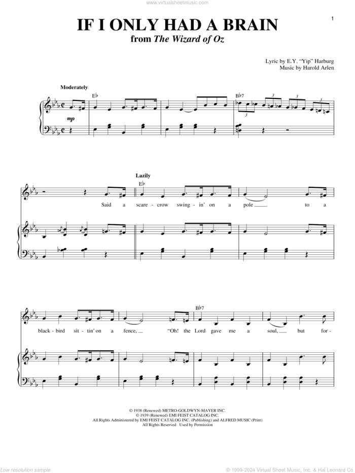 If I Only Had A Brain sheet music for voice and piano by Harold Arlen and E.Y. Harburg, intermediate skill level