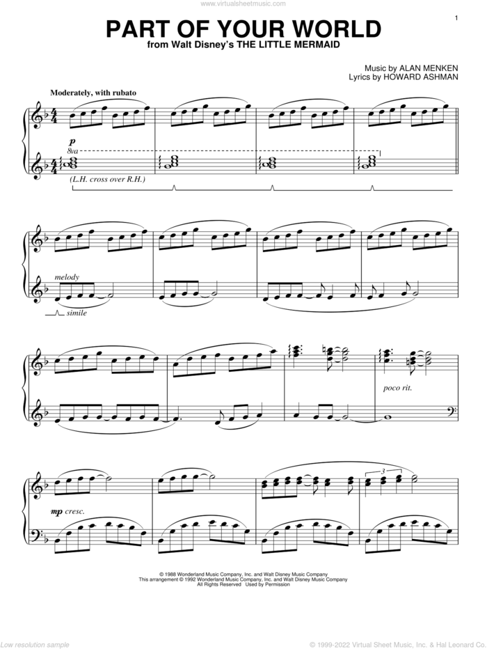 Part Of Your World (from The Little Mermaid) sheet music for piano solo by Howard Ashman and Alan Menken, intermediate skill level