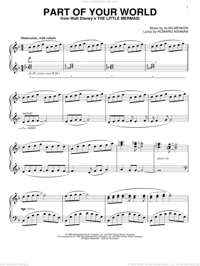 Part Of Your World (from The Little Mermaid) sheet music for piano solo by Howard Ashman, Alan Menken and Alan Menken & Howard Ashman, intermediate skill level