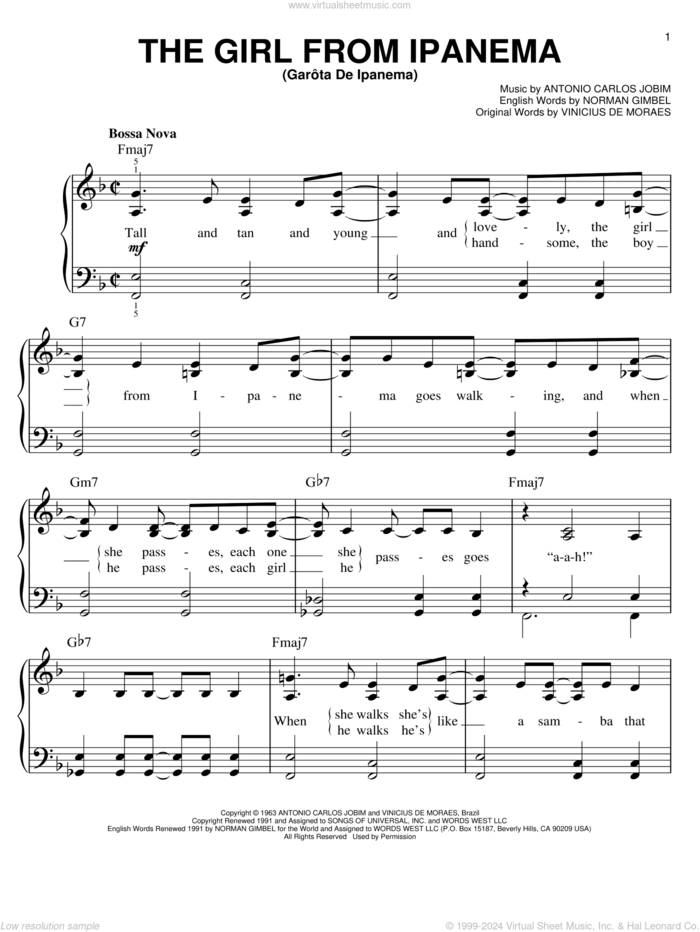 The Girl From Ipanema (GarA'ta De Ipanema) sheet music for piano solo by Antonio Carlos Jobim, easy skill level