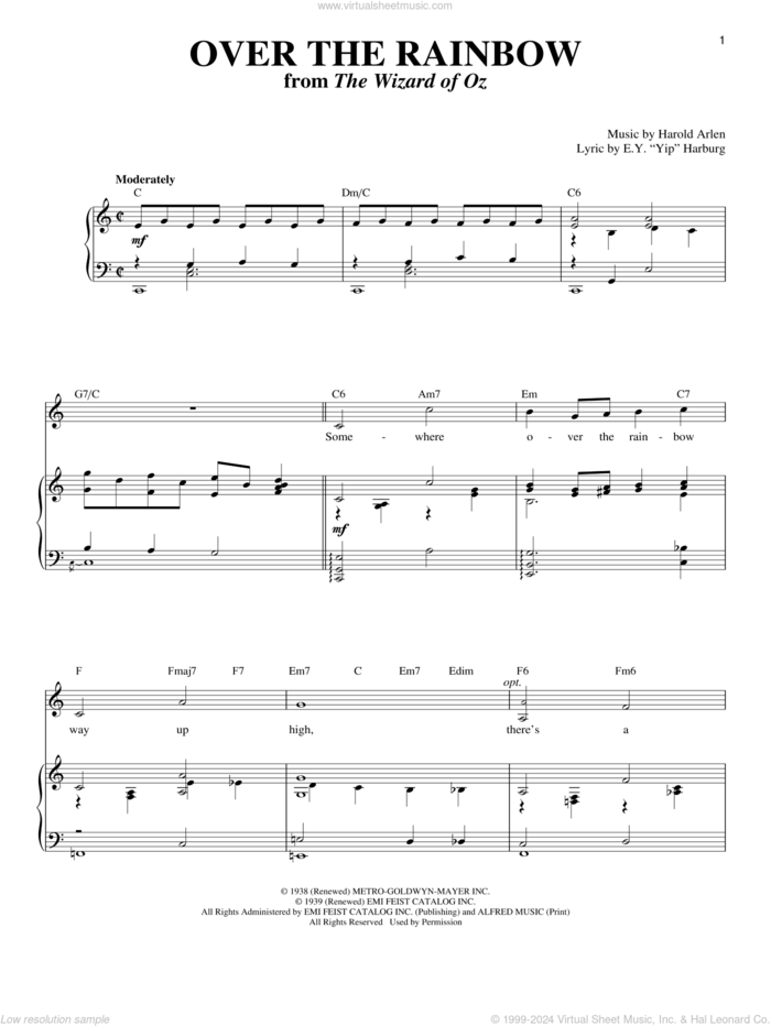 Over The Rainbow sheet music for voice and piano by Harold Arlen and E.Y. Harburg, intermediate skill level