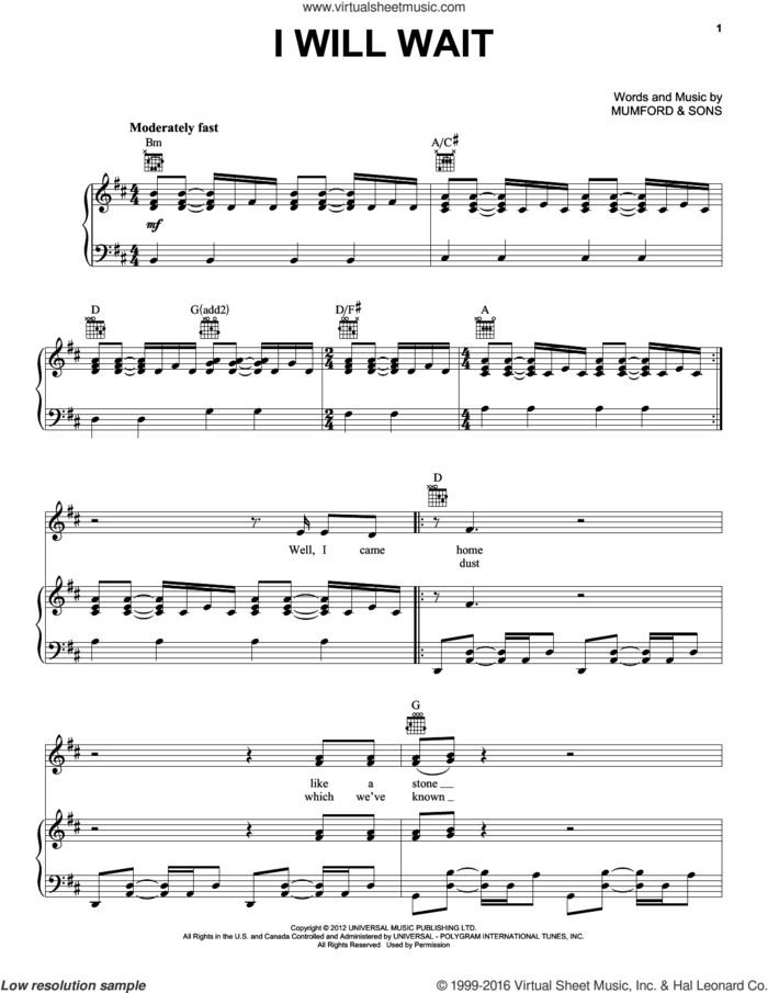 I Will Wait sheet music for voice, piano or guitar by Mumford & Sons, intermediate skill level