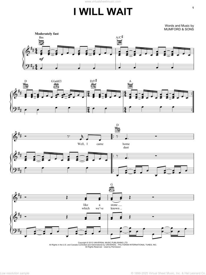 I Will Wait sheet music for voice, piano or guitar by Mumford & Sons, intermediate skill level