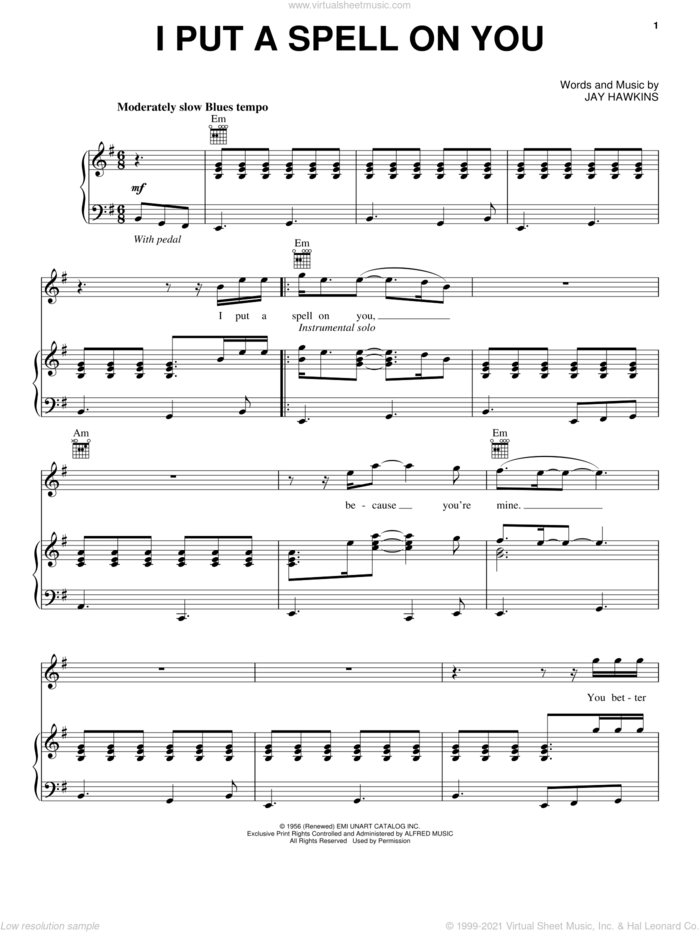 I Put A Spell On You sheet music for voice, piano or guitar by Creedence Clearwater Revival and Jay Hawkins, intermediate skill level