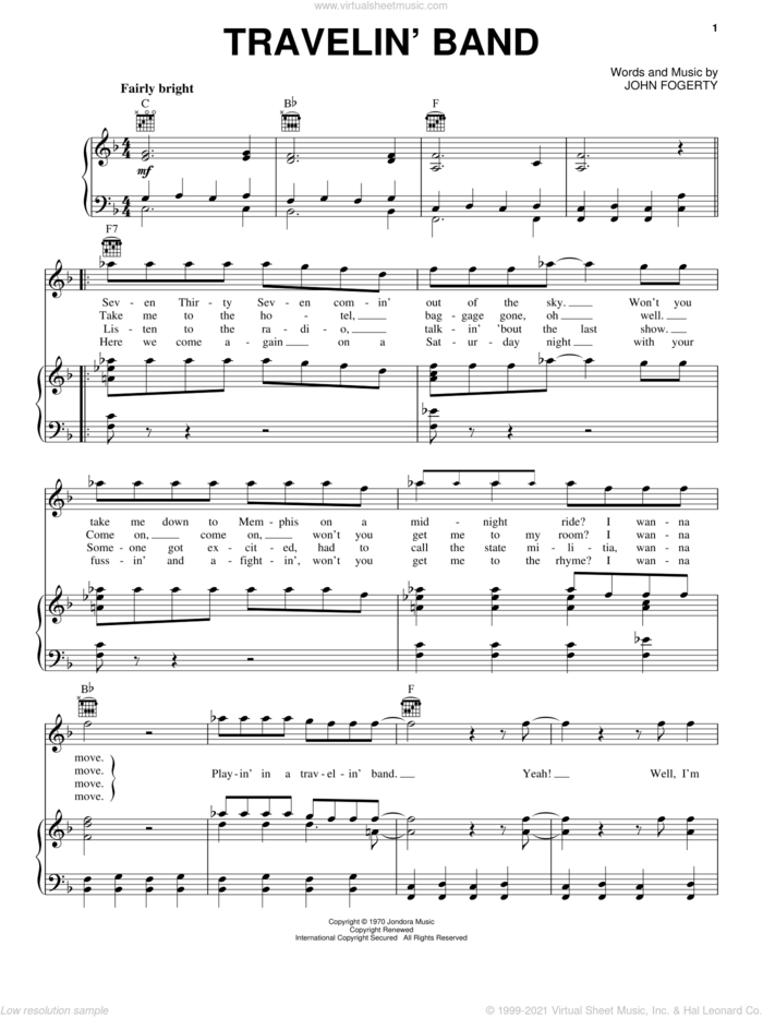 Travelin' Band sheet music for voice, piano or guitar by Creedence Clearwater Revival and John Fogerty, intermediate skill level