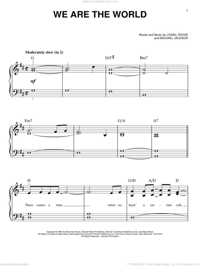 We Are The World sheet music for piano solo by Lionel Richie, Michael Jackson and USA For Africa, easy skill level