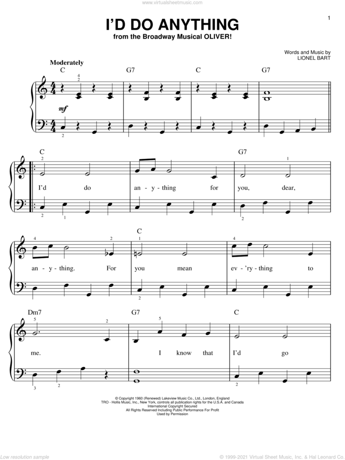 I'd Do Anything sheet music for piano solo by Lionel Bart, easy skill level