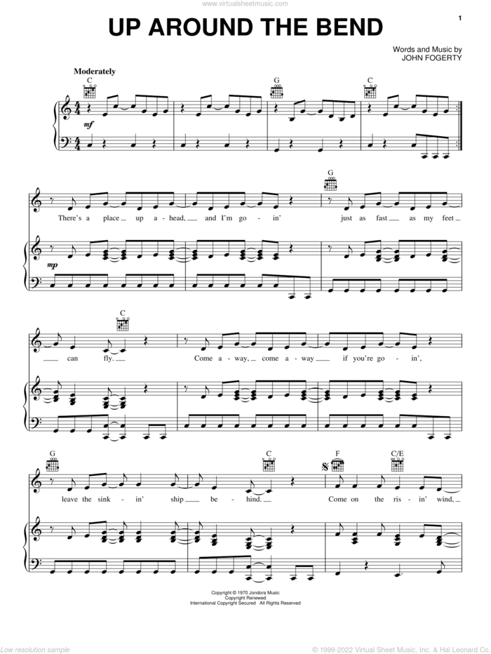 Up Around The Bend sheet music for voice, piano or guitar by Creedence Clearwater Revival and John Fogerty, intermediate skill level