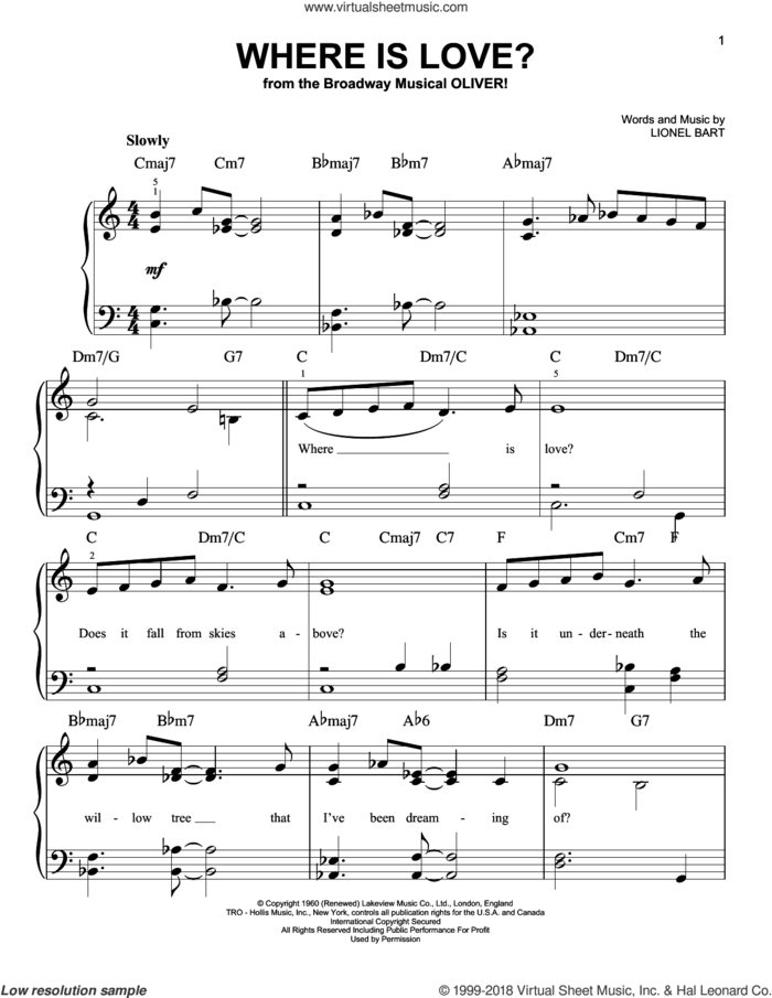 Where Is Love?, (easy) sheet music for piano solo by Lionel Bart, easy skill level