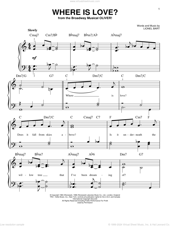 Where Is Love? sheet music for piano solo by Lionel Bart, easy skill level