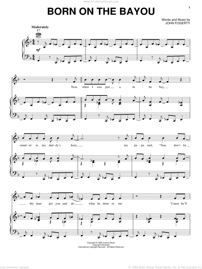 Born On The Bayou sheet music for voice, piano or guitar by Creedence Clearwater Revival and John Fogerty, intermediate skill level