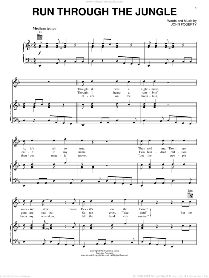 Run Through The Jungle sheet music for voice, piano or guitar by Creedence Clearwater Revival and John Fogerty, intermediate skill level