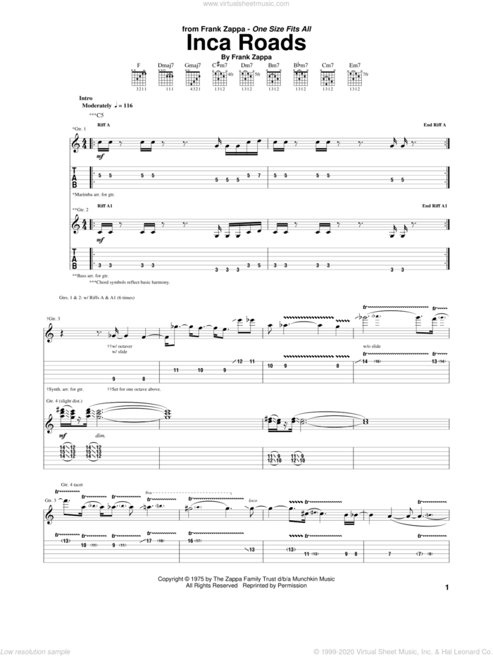 Inca Roads sheet music for guitar (tablature) by Frank Zappa, intermediate skill level