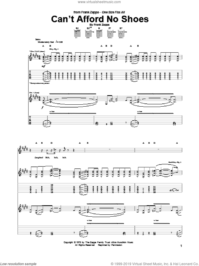 Can't Afford No Shoes sheet music for guitar (tablature) by Frank Zappa, intermediate skill level