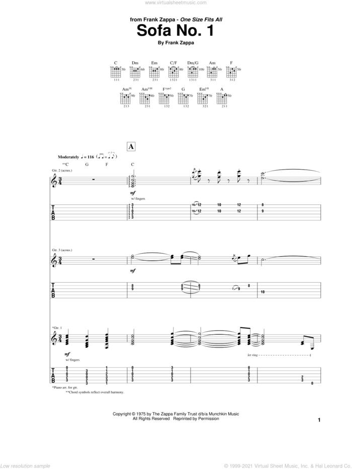 Sofa No. 1 sheet music for guitar (tablature) by Frank Zappa, intermediate skill level
