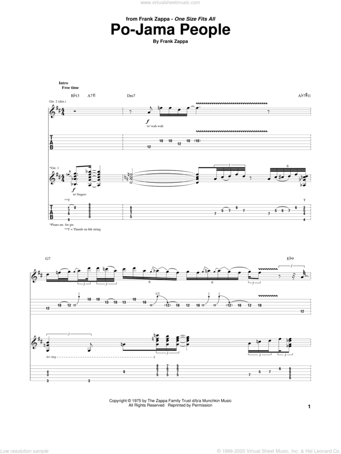 Po-Jama People sheet music for guitar (tablature) by Frank Zappa, intermediate skill level