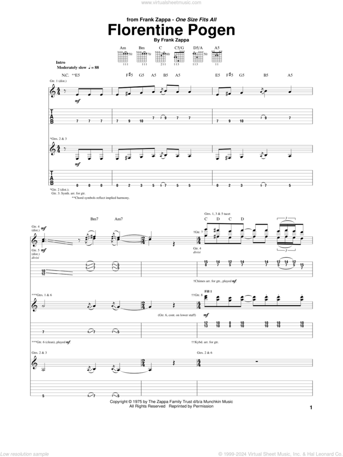 Florentine Pogen sheet music for guitar (tablature) by Frank Zappa, intermediate skill level