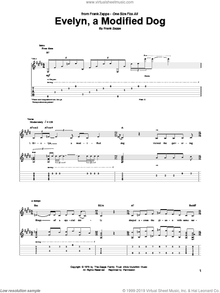 Evelyn, A Modified Dog sheet music for guitar (tablature) by Frank Zappa, intermediate skill level