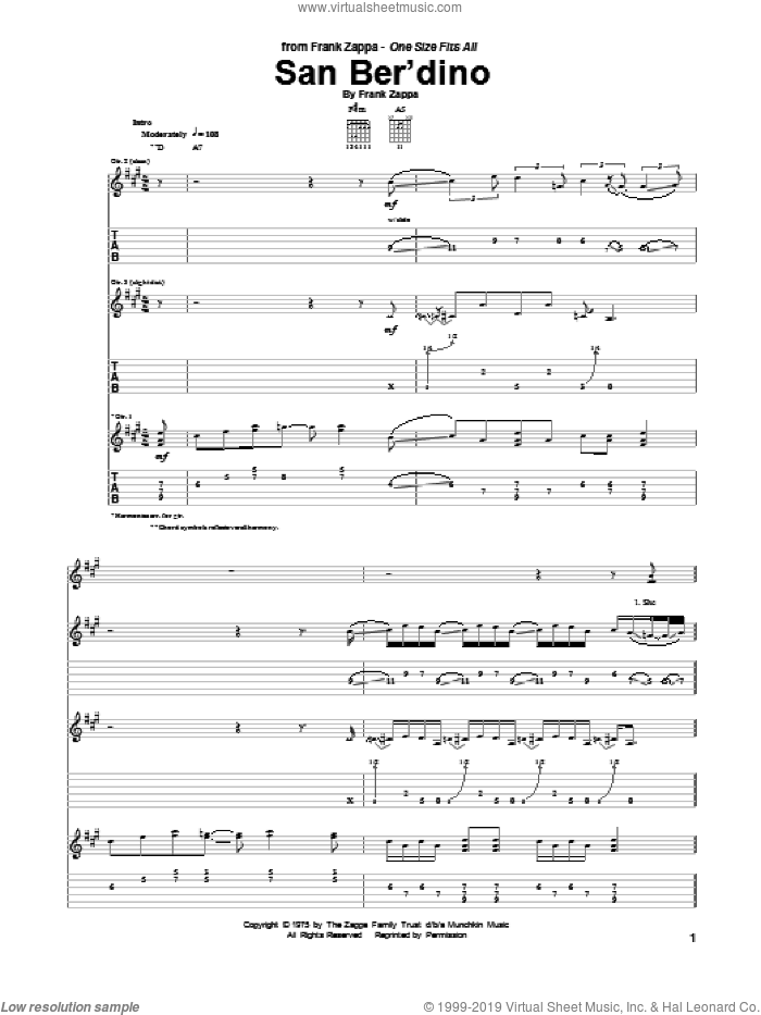 San Ber'dino sheet music for guitar (tablature) by Frank Zappa, intermediate skill level