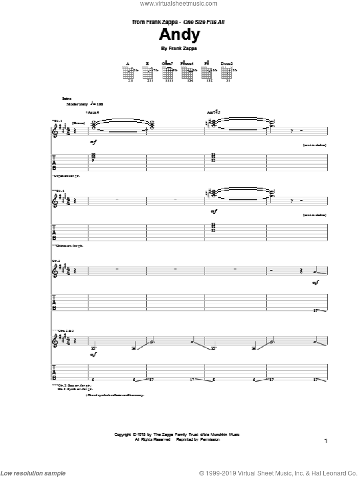 Andy sheet music for guitar (tablature) by Frank Zappa, intermediate skill level