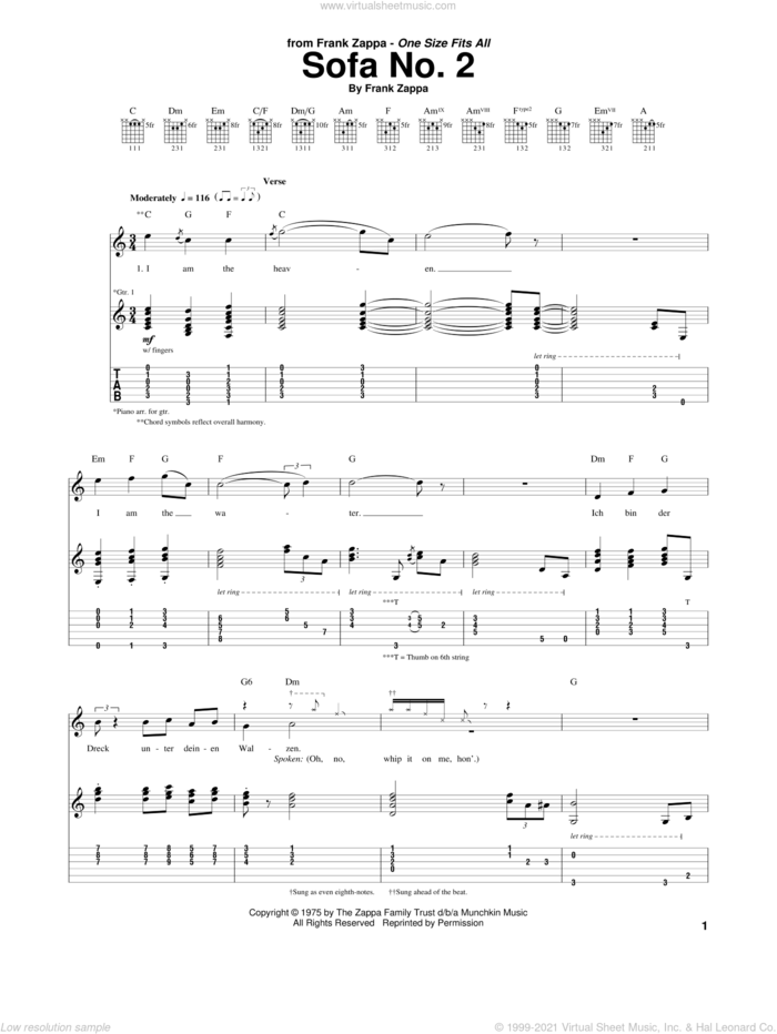 Sofa No. 2 sheet music for guitar (tablature) by Frank Zappa, intermediate skill level