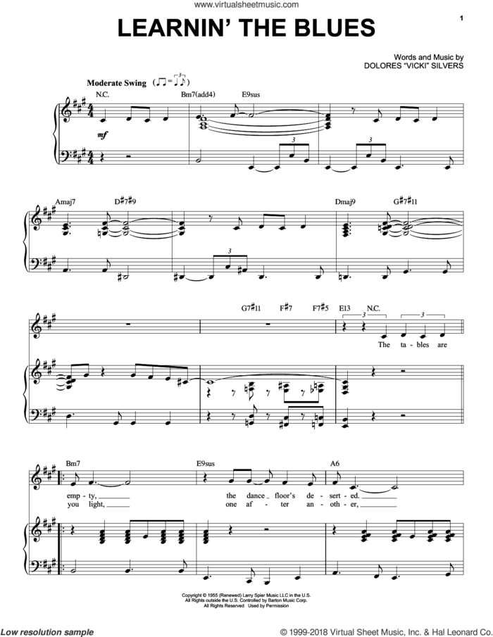 Learnin' The Blues sheet music for voice and piano by Frank Sinatra, Come Fly Away (Musical), Rosemary Clooney and Dolores Vicki Silvers, intermediate skill level