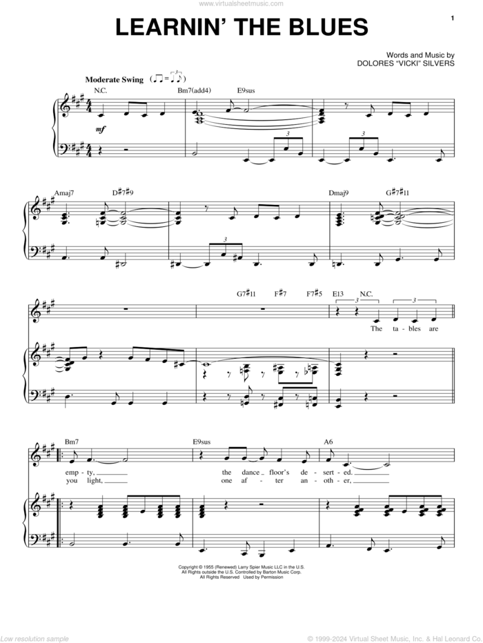 Learnin' The Blues sheet music for voice and piano by Frank Sinatra, Come Fly Away (Musical), Rosemary Clooney and Dolores Vicki Silvers, intermediate skill level