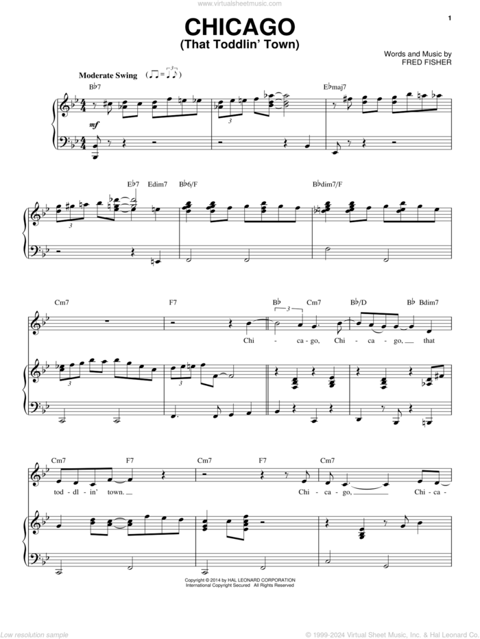 Chicago (That Toddlin' Town) sheet music for voice and piano by Frank Sinatra and Fred Fisher, intermediate skill level